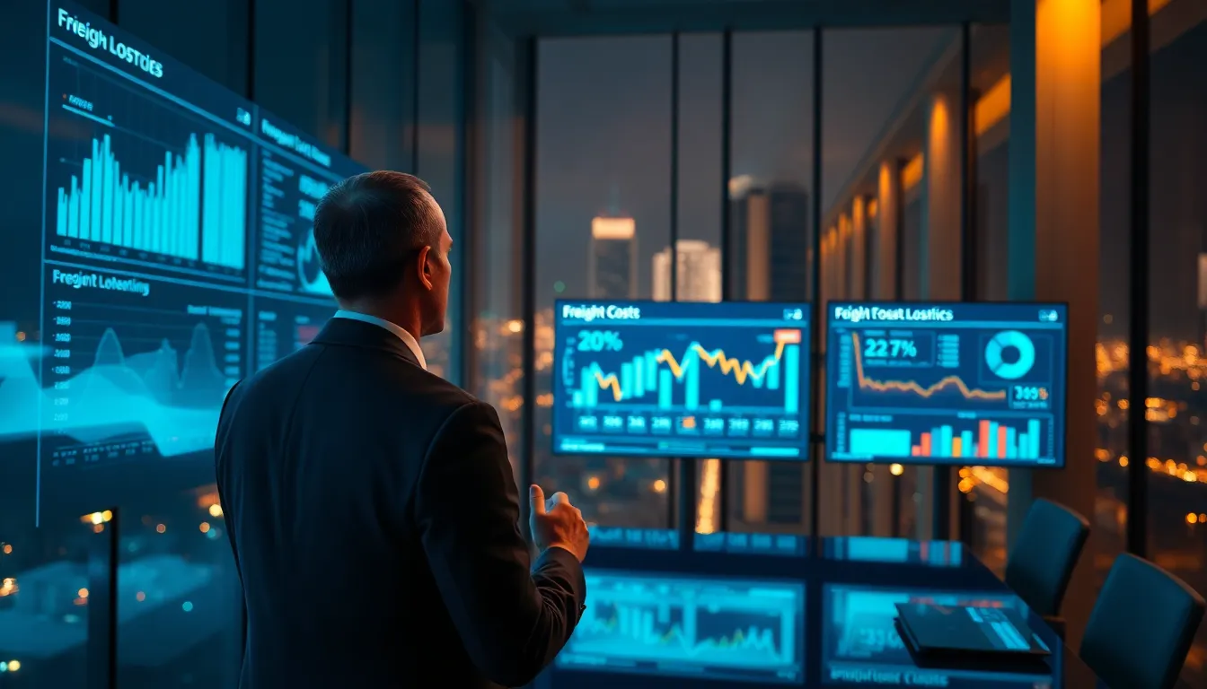 Executivo analisando dashboards de inteligência logística em sala de conselho, representando teste analítico de eficiência em grandes embarcadores